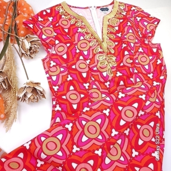 Mudpie Red Gold Embroidered Dress Sz M - Picture 14 of 16